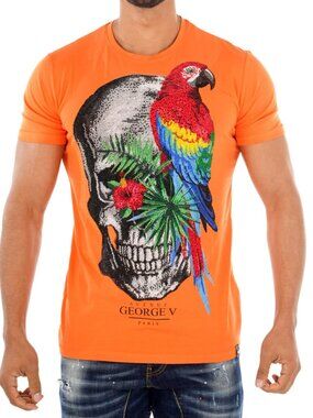 Avenue George V Paris T-Shirt Skull Rhinestone Men's ORANGE Short Sleeve Tee XL